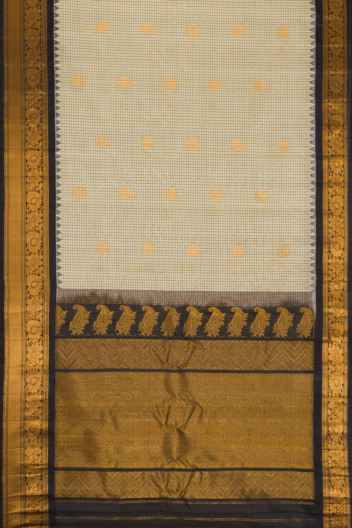 Flat view of Sandal Dual Tone Gadwal Silk Saree with Checked design on the body and Zari Border. 