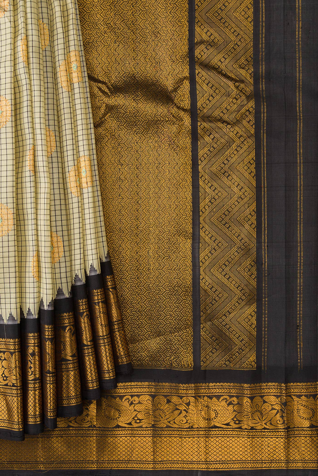 Pleats and pallu of Sandal Dual Tone Gadwal Silk Saree with Checked design on the body and Zari Border. 