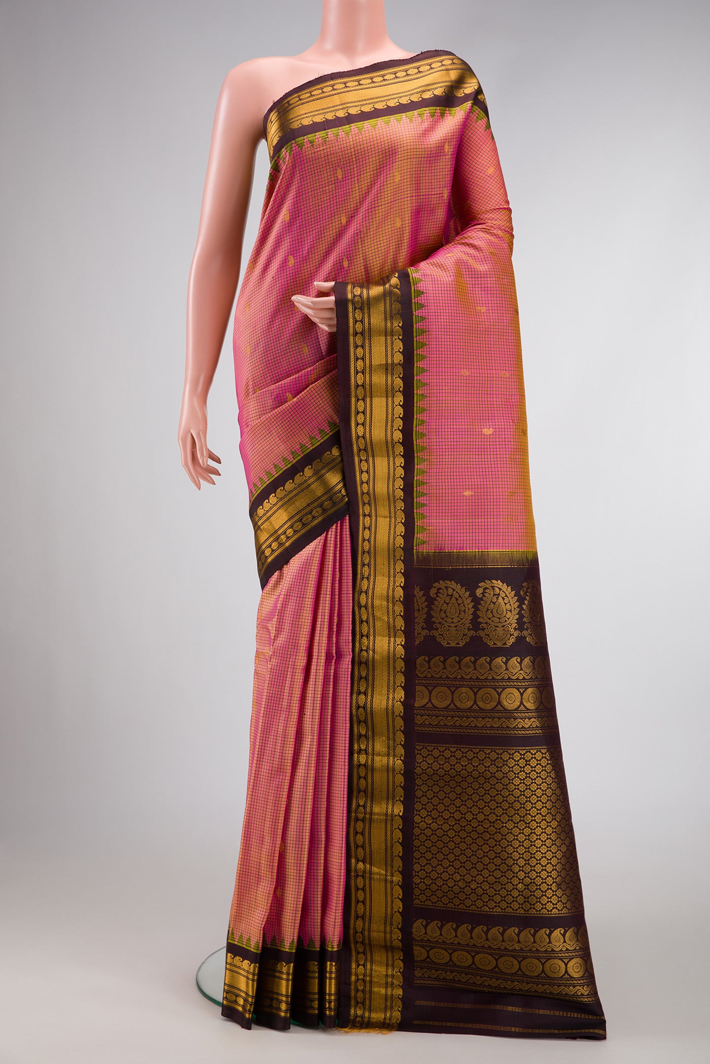 Pink Dual Tone Gadwal Silk Saree with Zari Butta on the body and Zari Border.  displayed on a mannequin