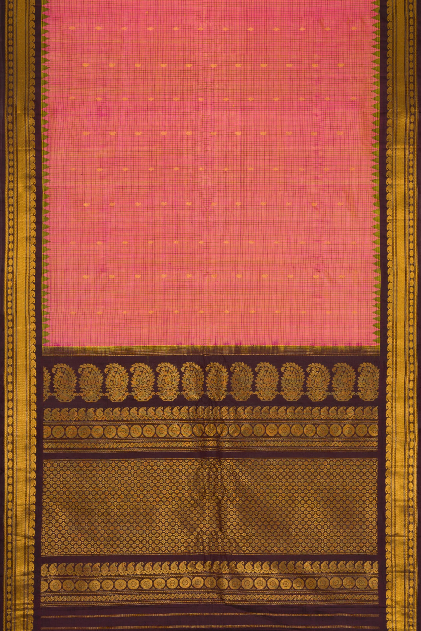 Flat view of Pink Dual Tone Gadwal Silk Saree with Zari Butta on the body and Zari Border. 