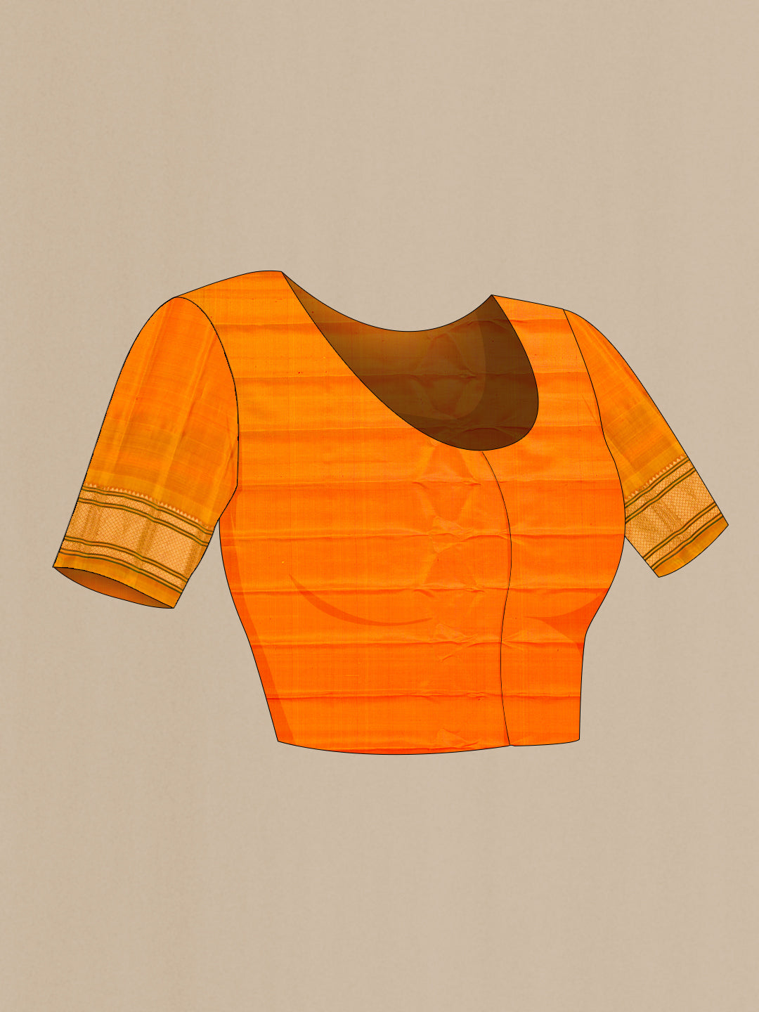 Close up image of the blouse of Mustard Dual Tone Gadwal Silk Saree with Zari Butta on the body and Paithani Border. 