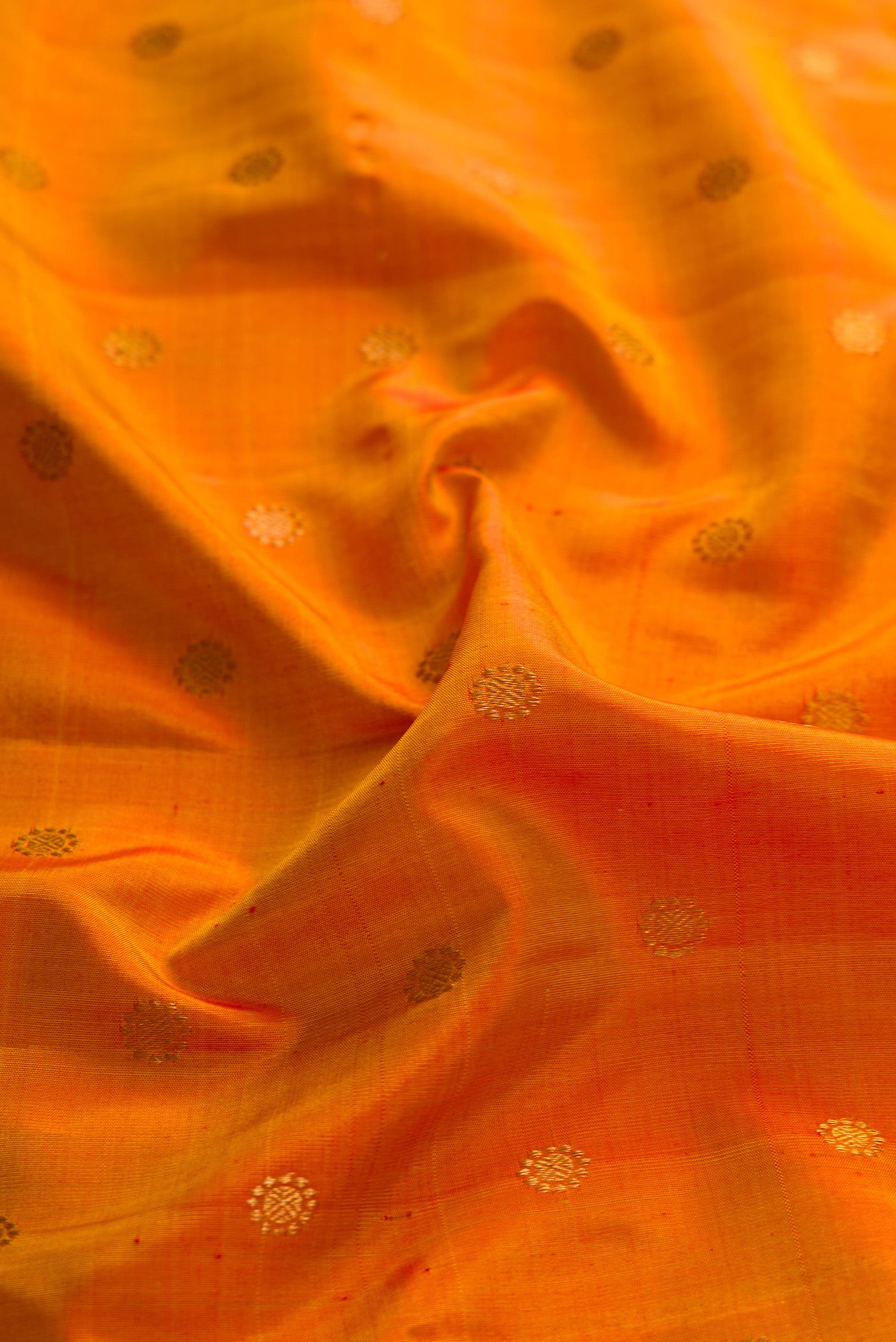 Close up of Mustard Dual Tone Gadwal Silk Saree with Zari Butta on the body and Paithani Border.  displaying folds