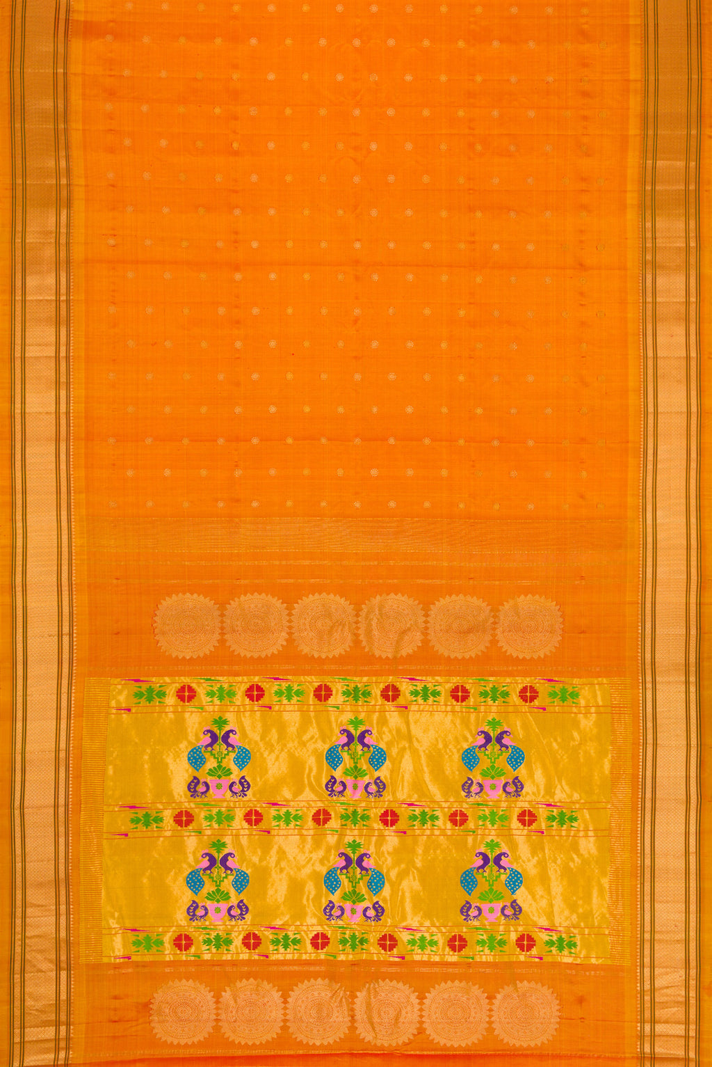 Flat view of Mustard Dual Tone Gadwal Silk Saree with Zari Butta on the body and Paithani Border. 