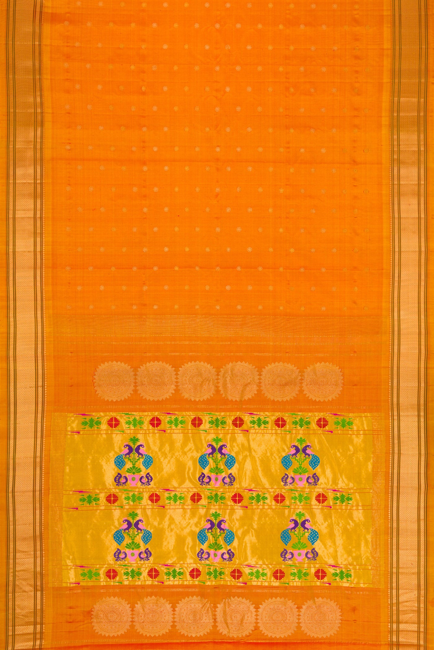 Flat view of Mustard Dual Tone Gadwal Silk Saree with Zari Butta on the body and Paithani Border. 