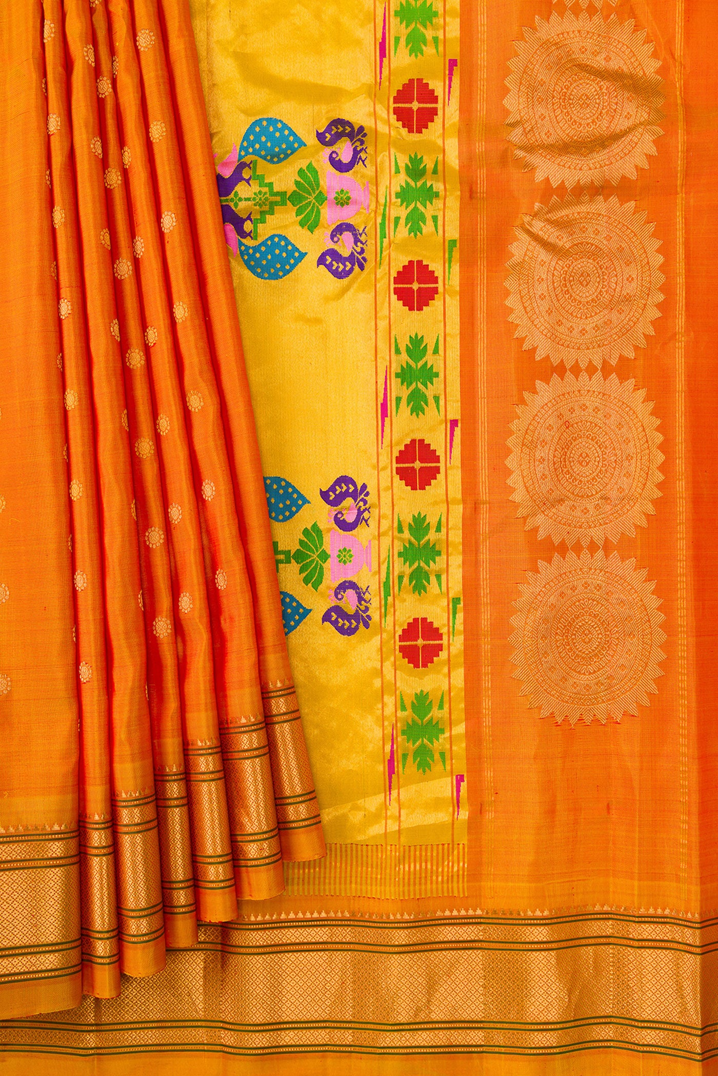 Pleats and pallu of Mustard Dual Tone Gadwal Silk Saree with Zari Butta on the body and Paithani Border. 
