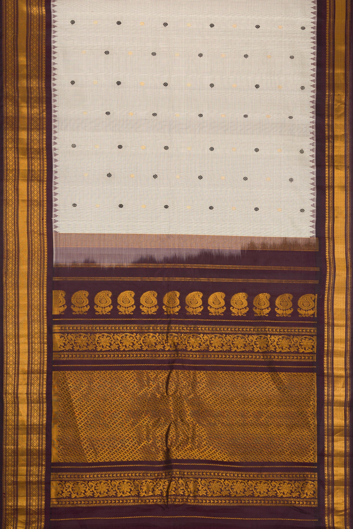 Flat view of Grey Dual Tone Gadwal Silk Saree with Zari And Thread Butta on the body and Zari Border. 