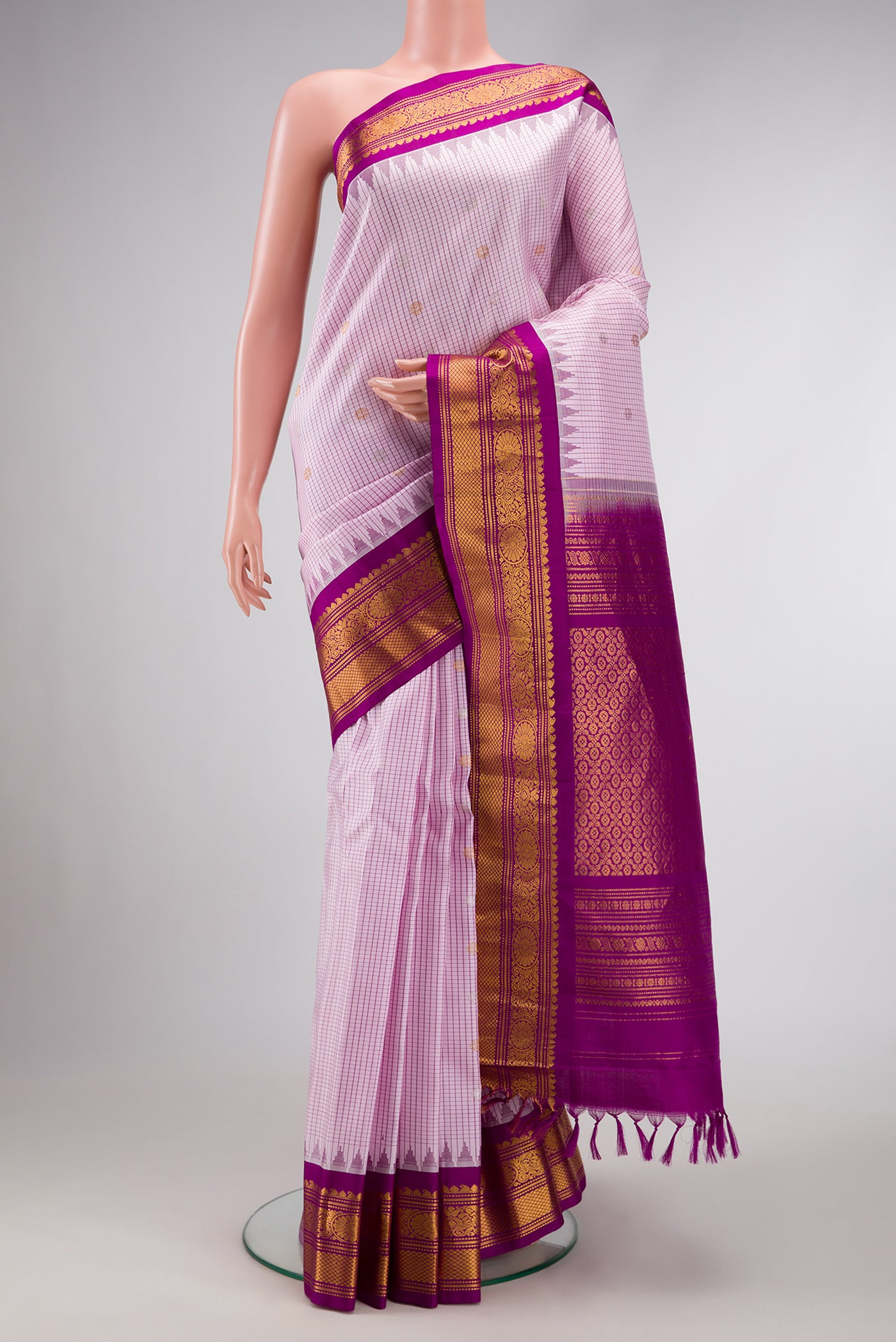 Pink Dual Tone Gadwal Silk Saree with Checked design on the body and Zari Border.  displayed on a mannequin