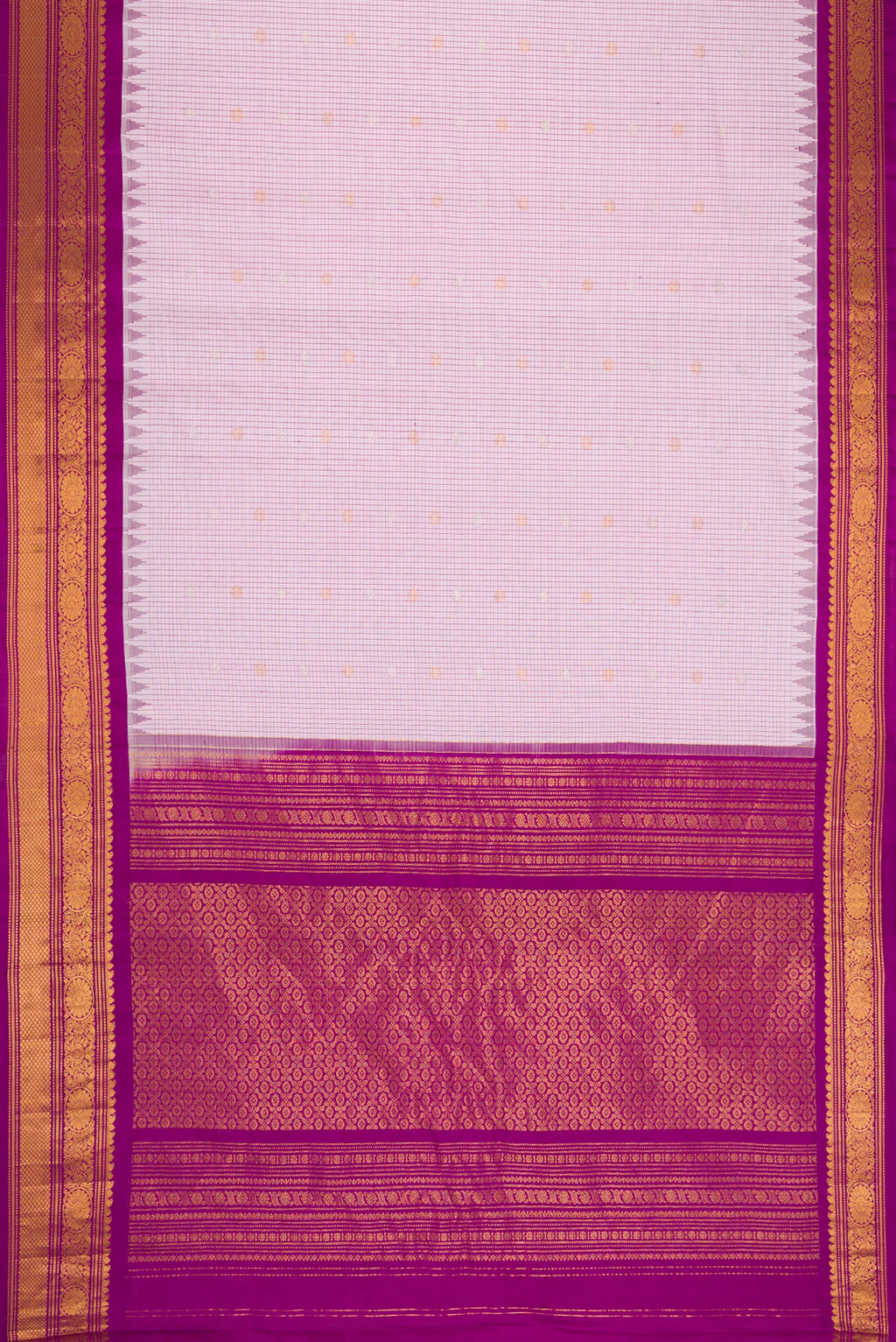 Flat view of Pink Dual Tone Gadwal Silk Saree with Checked design on the body and Zari Border. 
