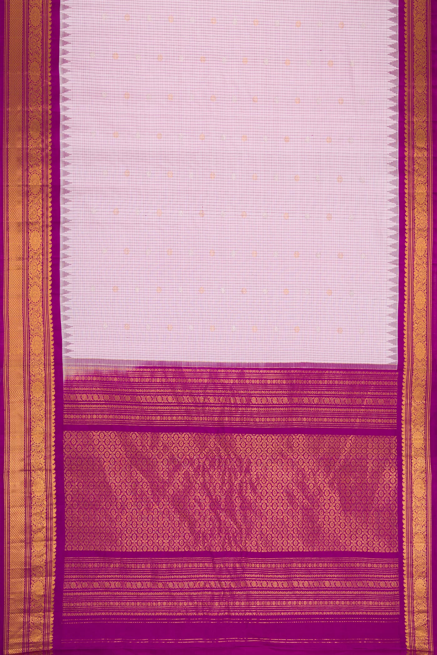 Flat view of Pink Dual Tone Gadwal Silk Saree with Checked design on the body and Zari Border. 