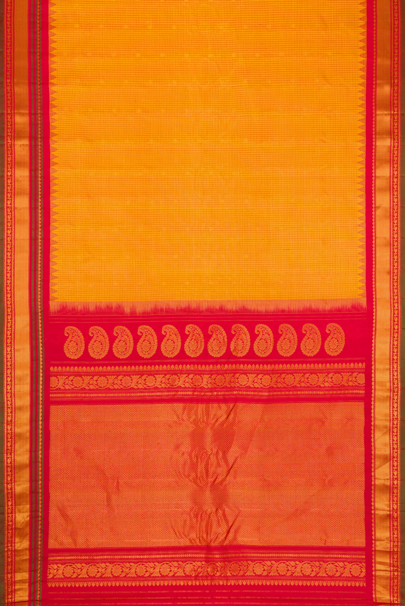 Flat view of Mustard Dual Tone Gadwal Silk Saree with Checked design on the body and Zari Border. 