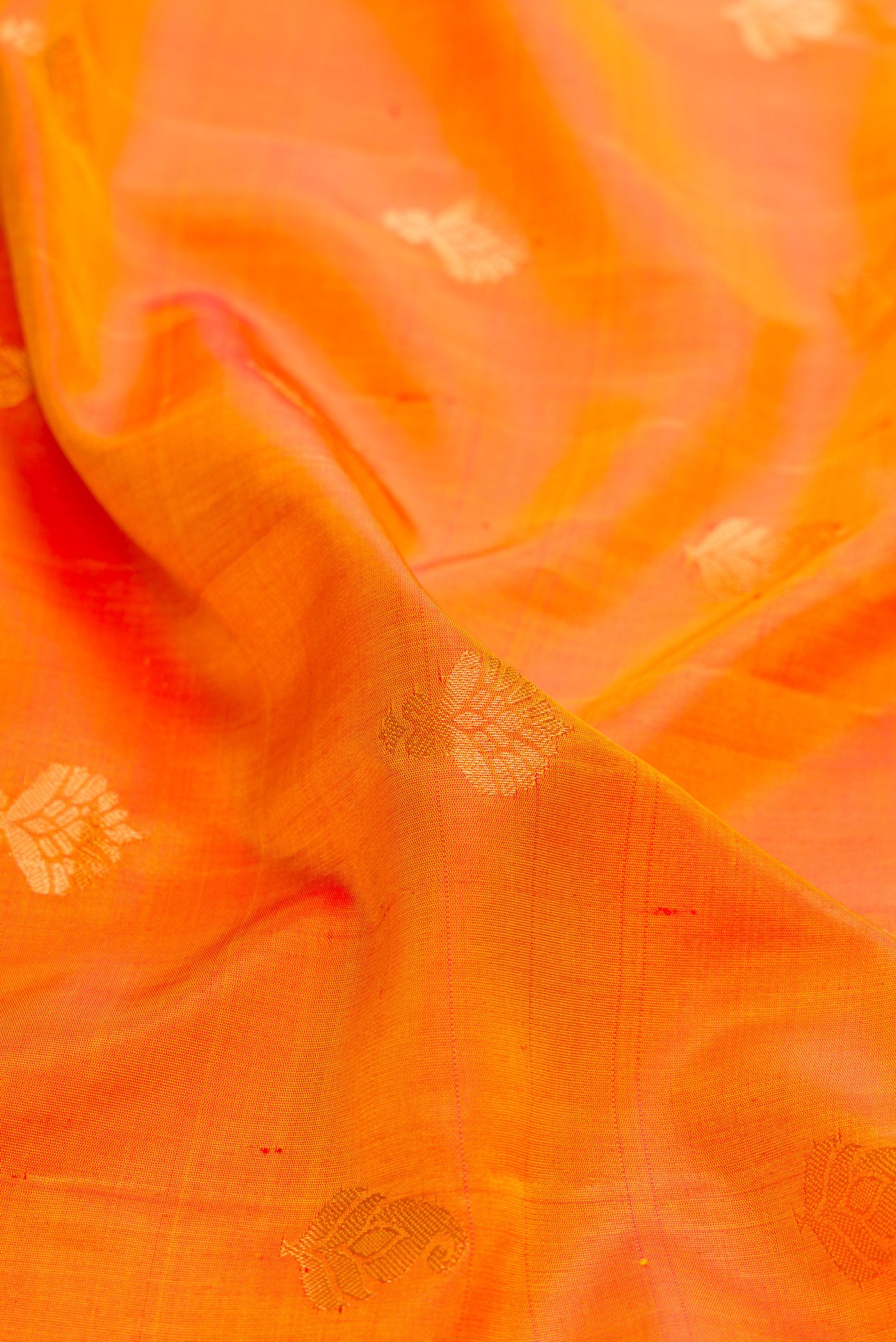 Close up of Mustard Dual Tone Gadwal Silk Saree with Zari Butta on the body and Zari Border.  displaying folds