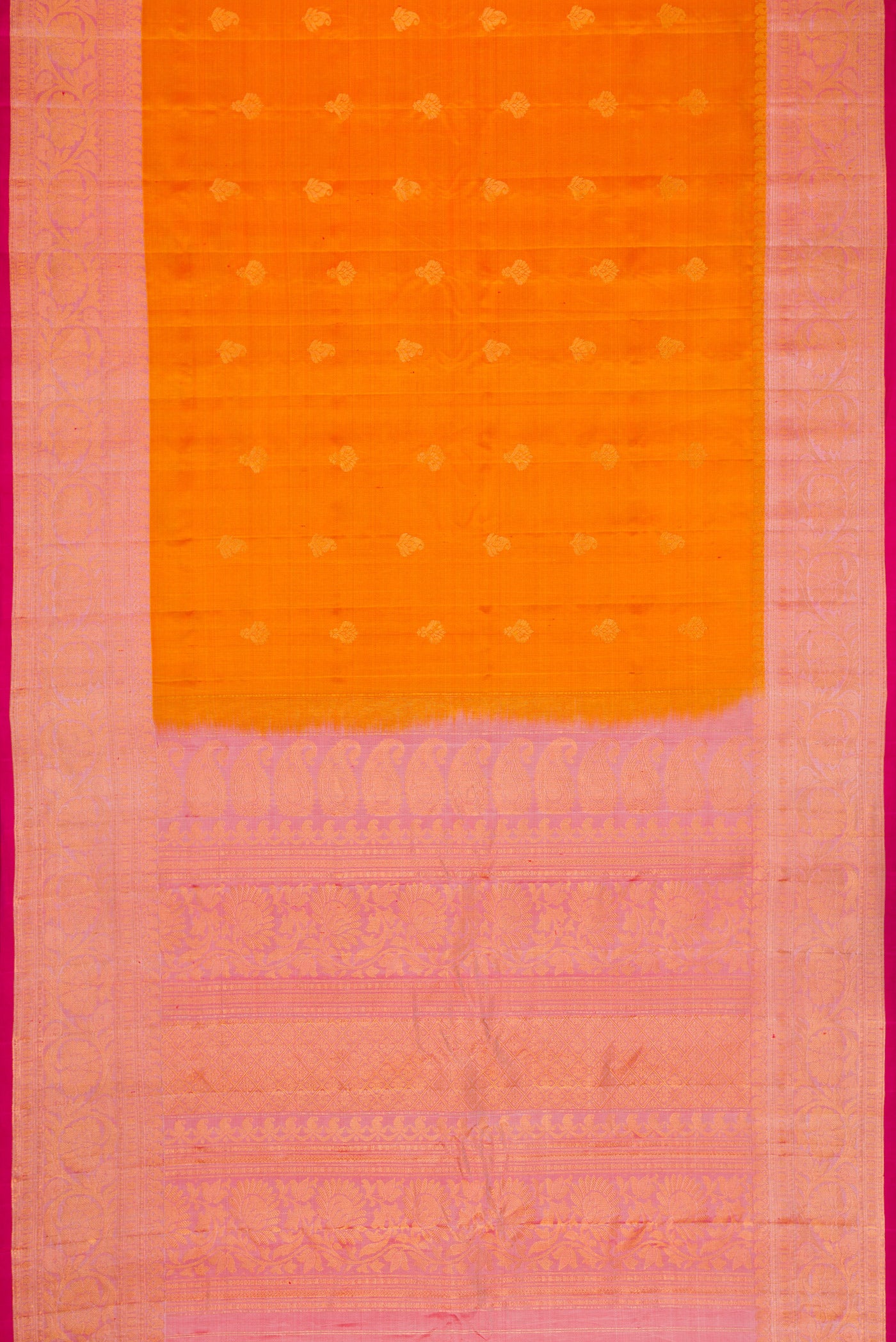 Flat view of Mustard Dual Tone Gadwal Silk Saree with Zari Butta on the body and Zari Border. 