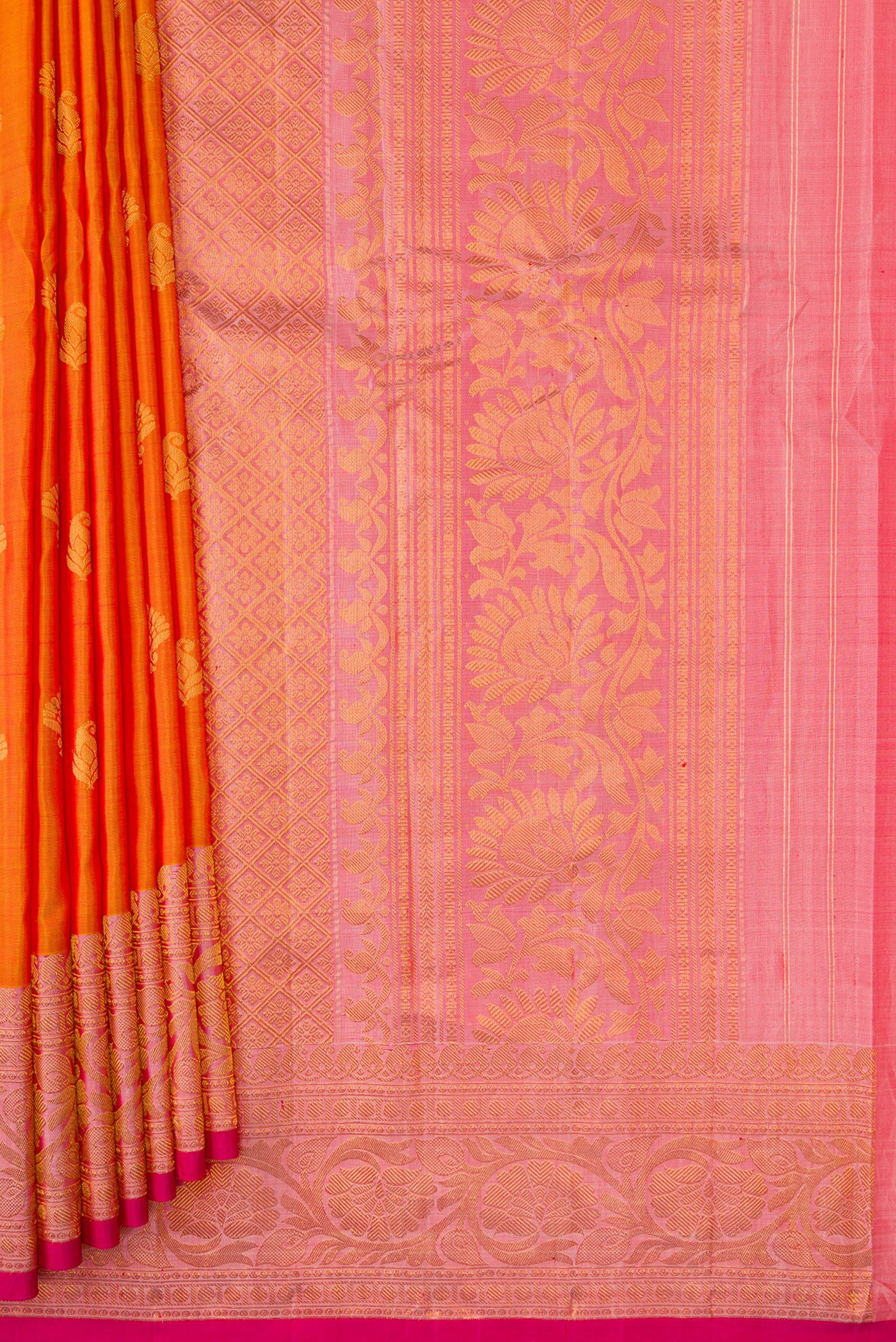Pleats and pallu of Mustard Dual Tone Gadwal Silk Saree with Zari Butta on the body and Zari Border. 