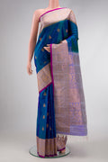 Peacock Blue Dual Tone Gadwal Silk Saree with Zari Butta on the body and Zari And Thread Border.  displayed on a mannequin
