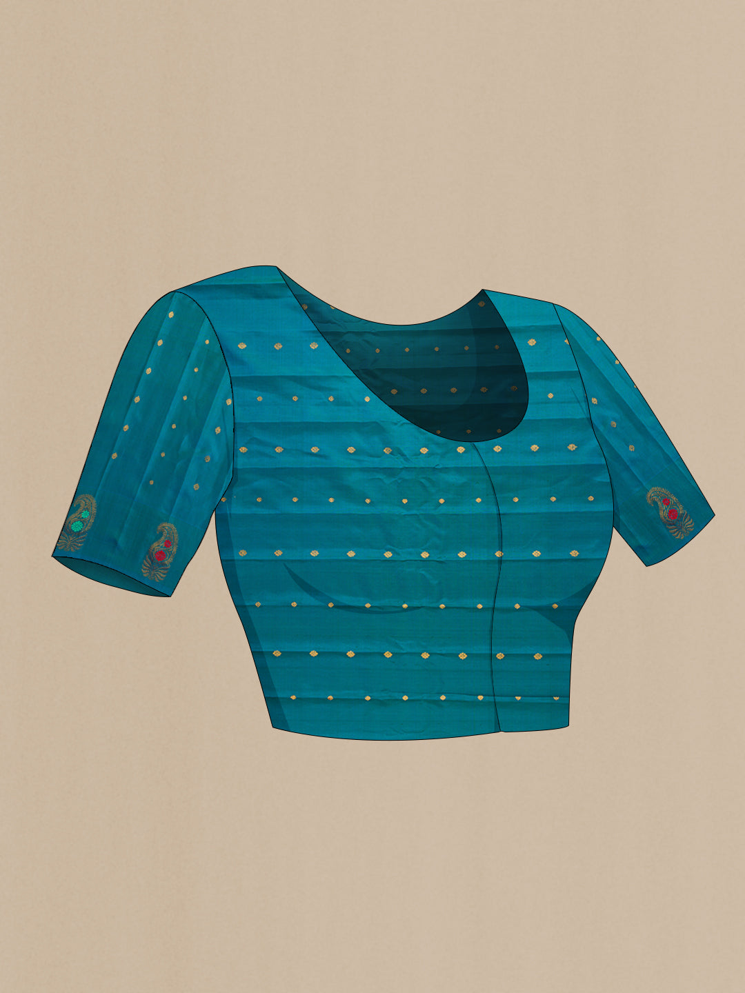 Close up image of the blouse of Green Dual Tone Gadwal Silk Saree with Zari Butta on the body and Fancy Border. 