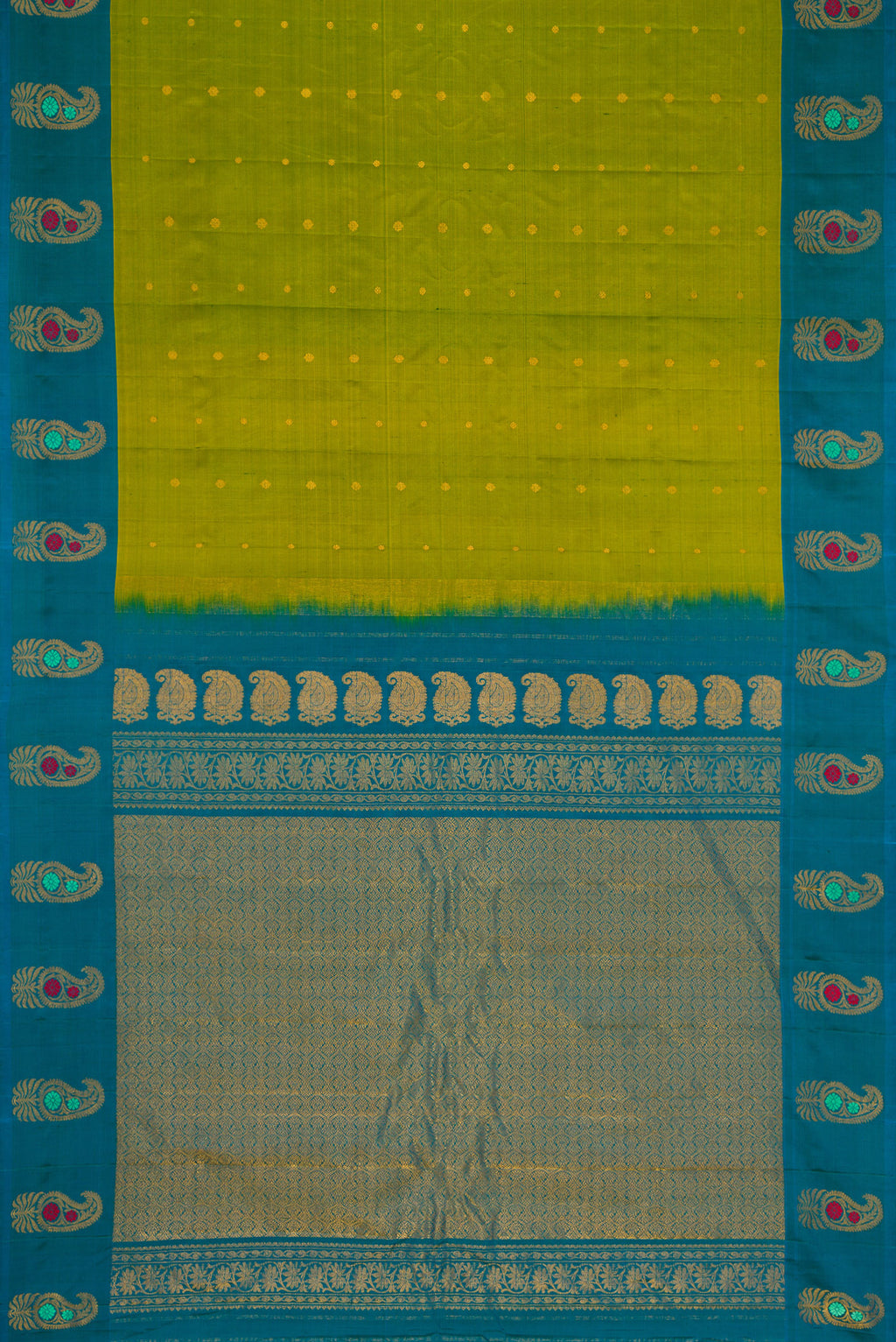 Flat view of Green Dual Tone Gadwal Silk Saree with Zari Butta on the body and Fancy Border. 