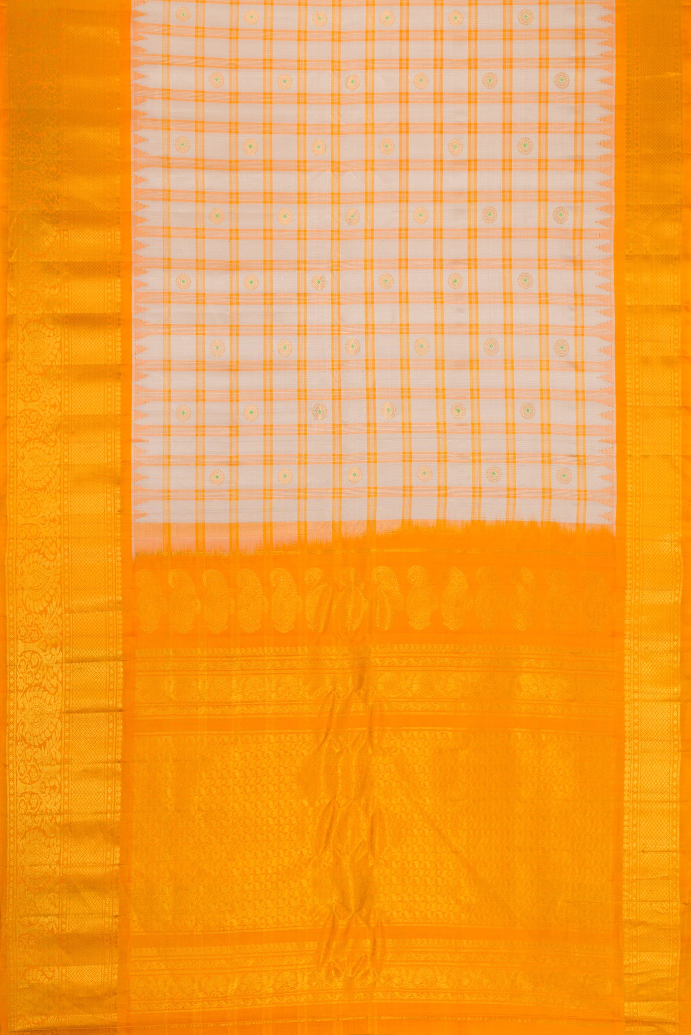 Flat view of Grey Dual Tone Gadwal Silk Saree with Checked design on the body and Zari Border. 