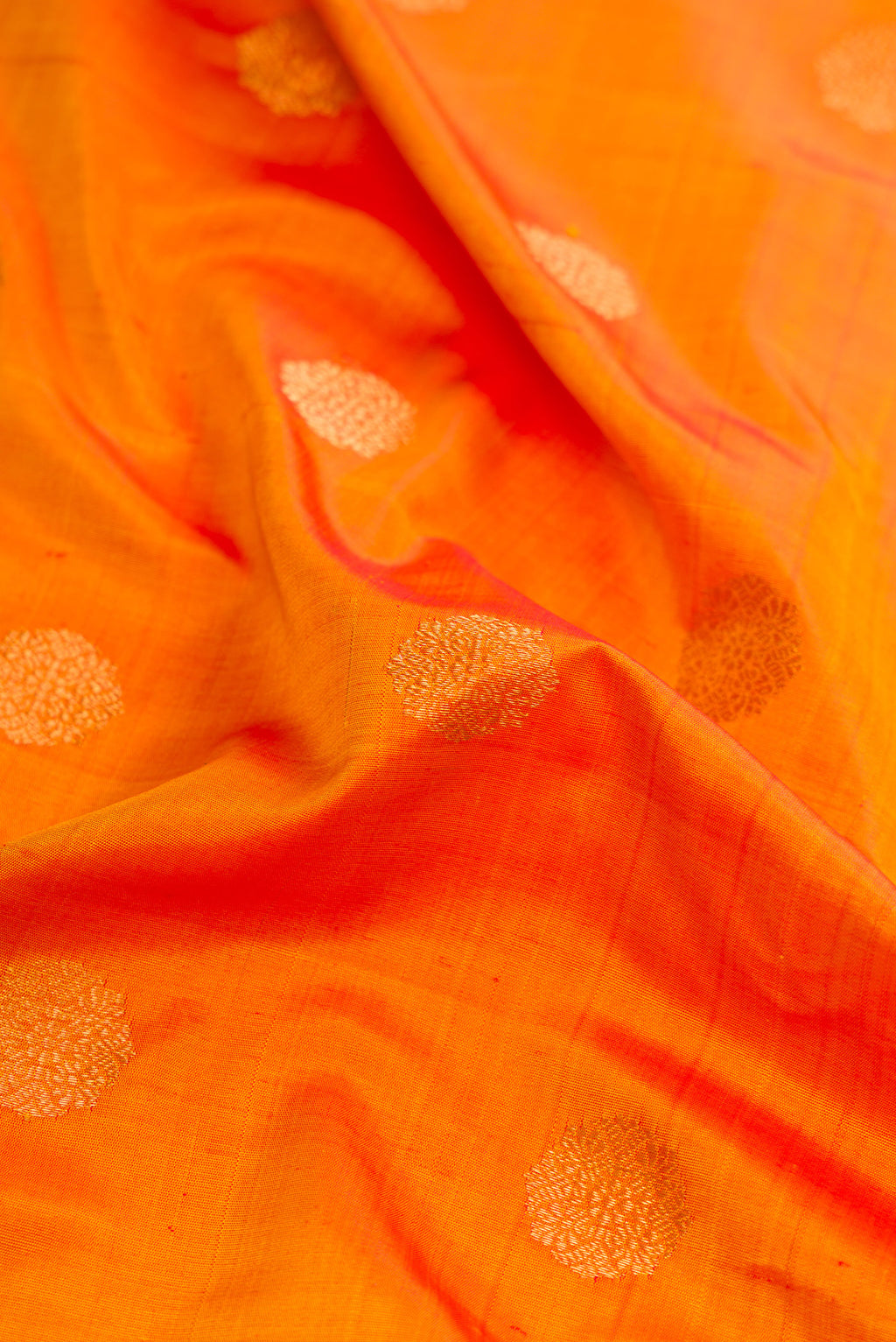 Close up of Mustard Dual Tone Gadwal Silk Saree with Zari Butta on the body and Zari Border.  displaying folds