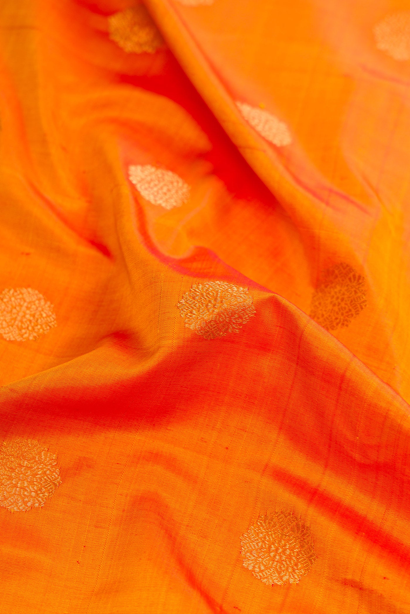 Close up of Mustard Dual Tone Gadwal Silk Saree with Zari Butta on the body and Zari Border.  displaying folds