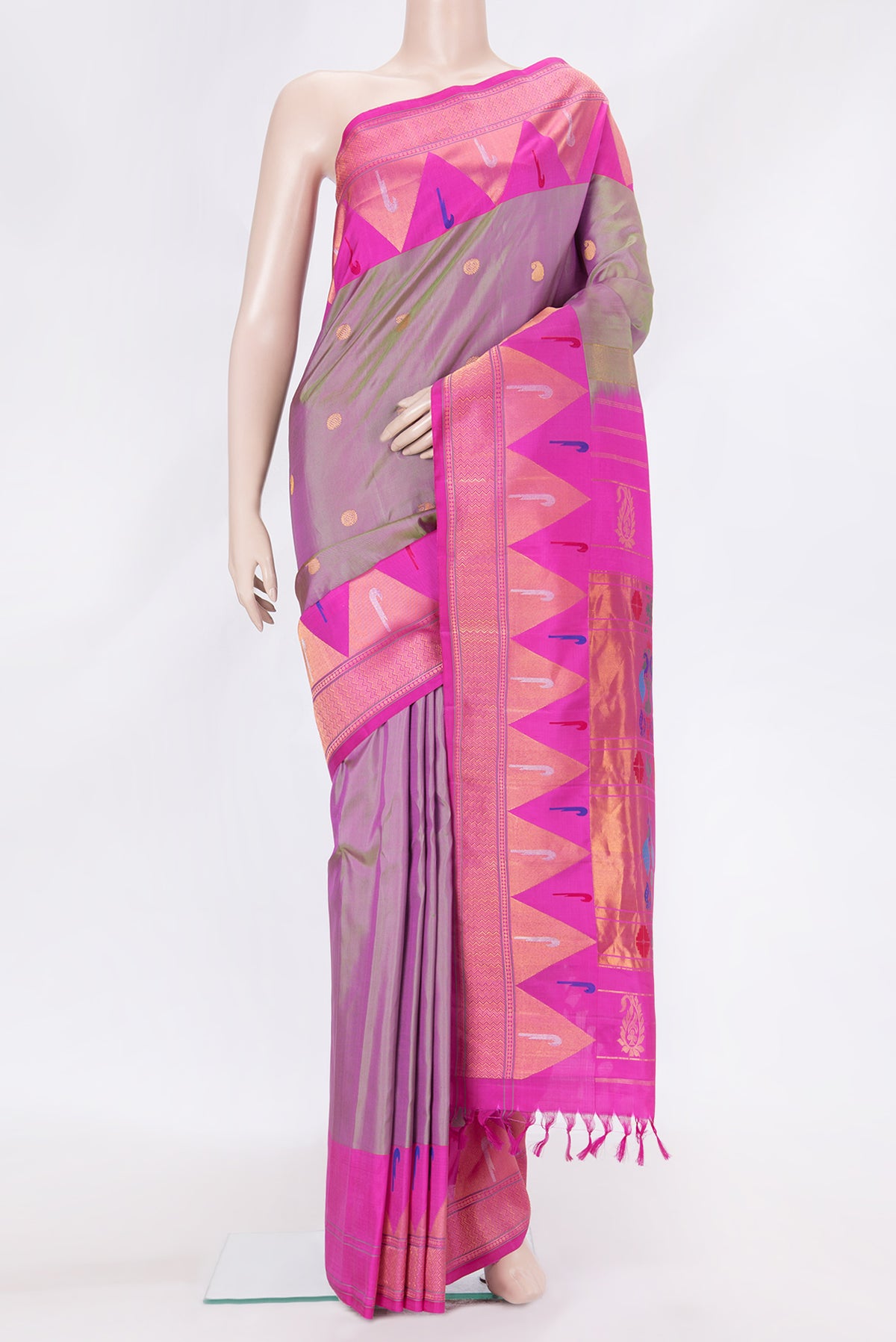 Green Dual Tone Gadwal Silk Saree with Zari Butta on the body and Zari Border.  displayed on a mannequin