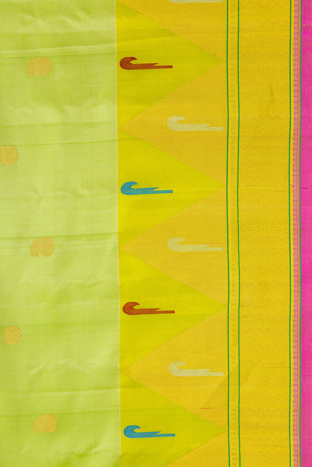 Border image of Light Green Dual Tone Gadwal Silk Saree with Zari Butta on the body and Temple Border. 