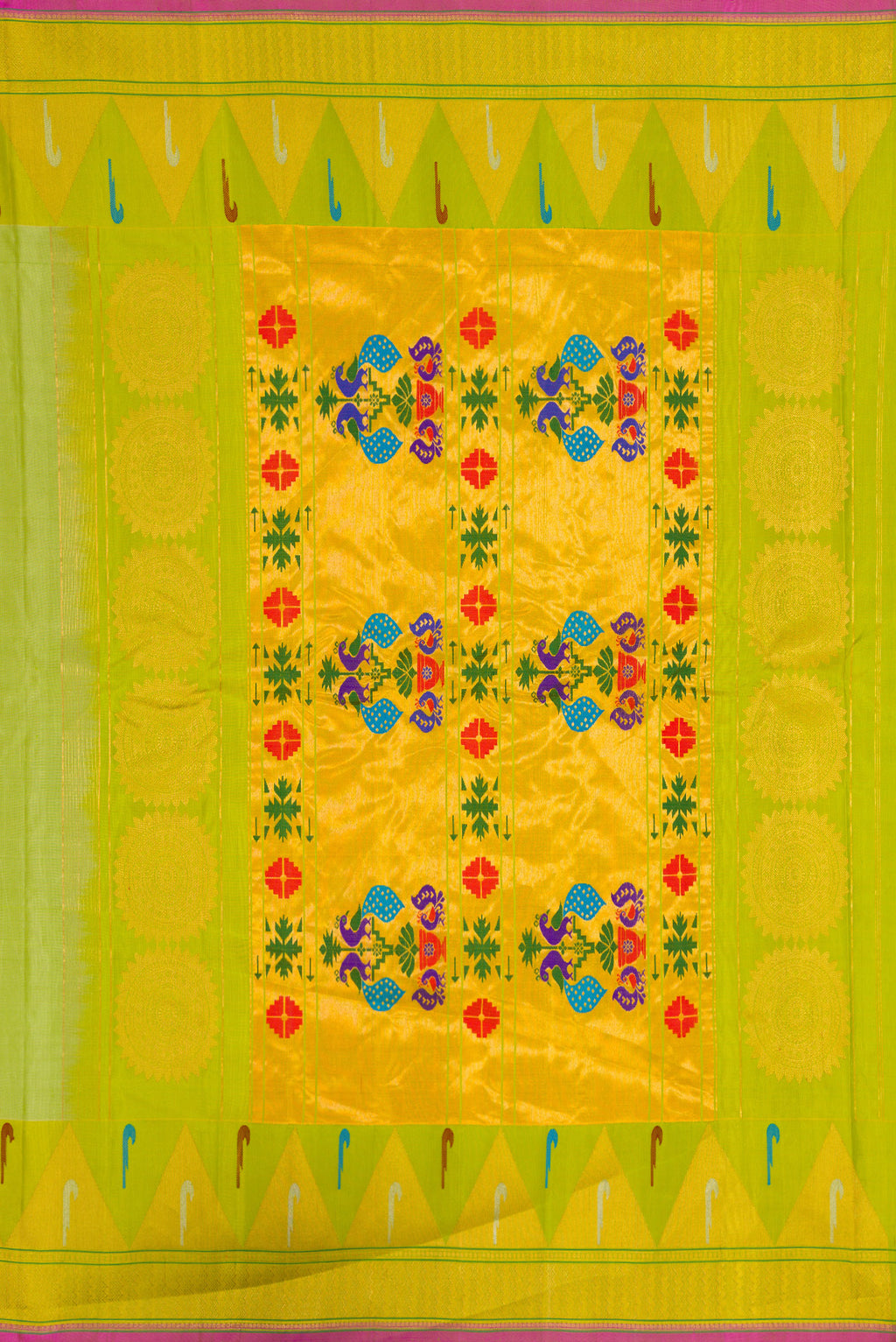 Close up image of the pallu of Light Green Dual Tone Gadwal Silk Saree with Zari Butta on the body and Temple Border. 