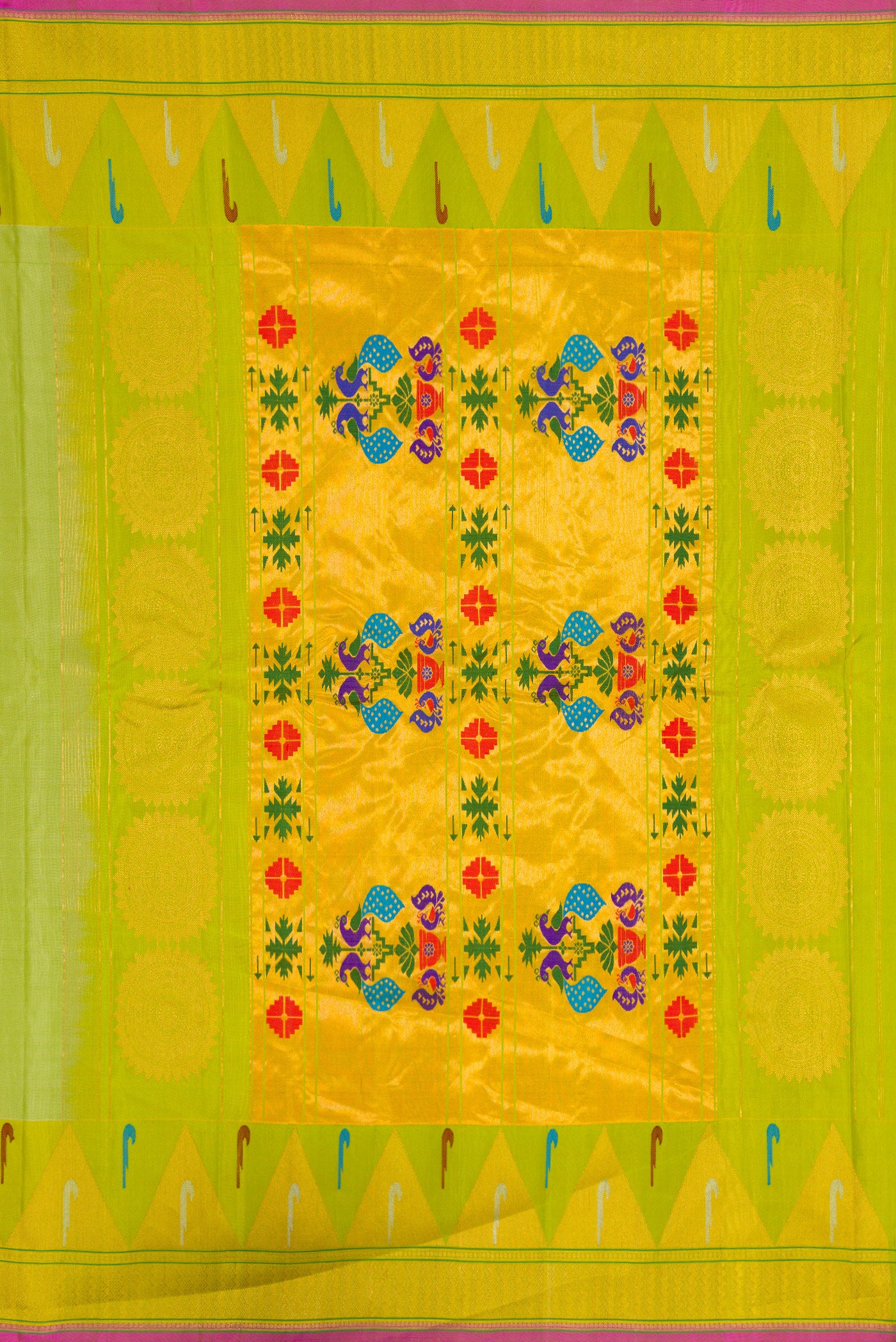 Close up image of the pallu of Light Green Dual Tone Gadwal Silk Saree with Zari Butta on the body and Temple Border. 