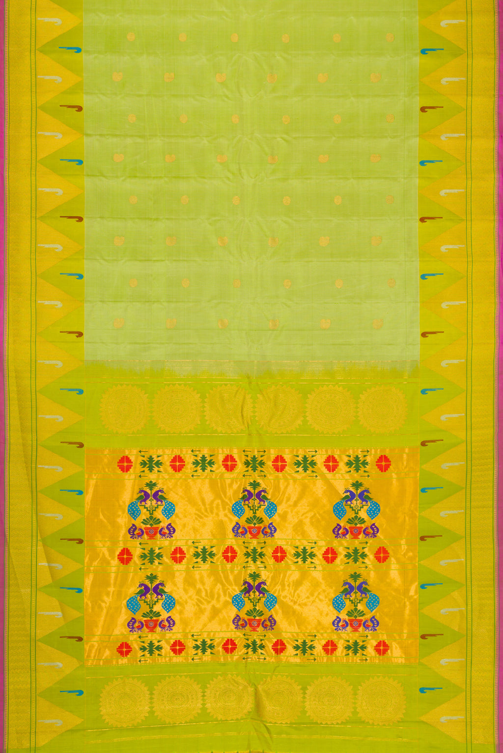 Flat view of Light Green Dual Tone Gadwal Silk Saree with Zari Butta on the body and Temple Border. 