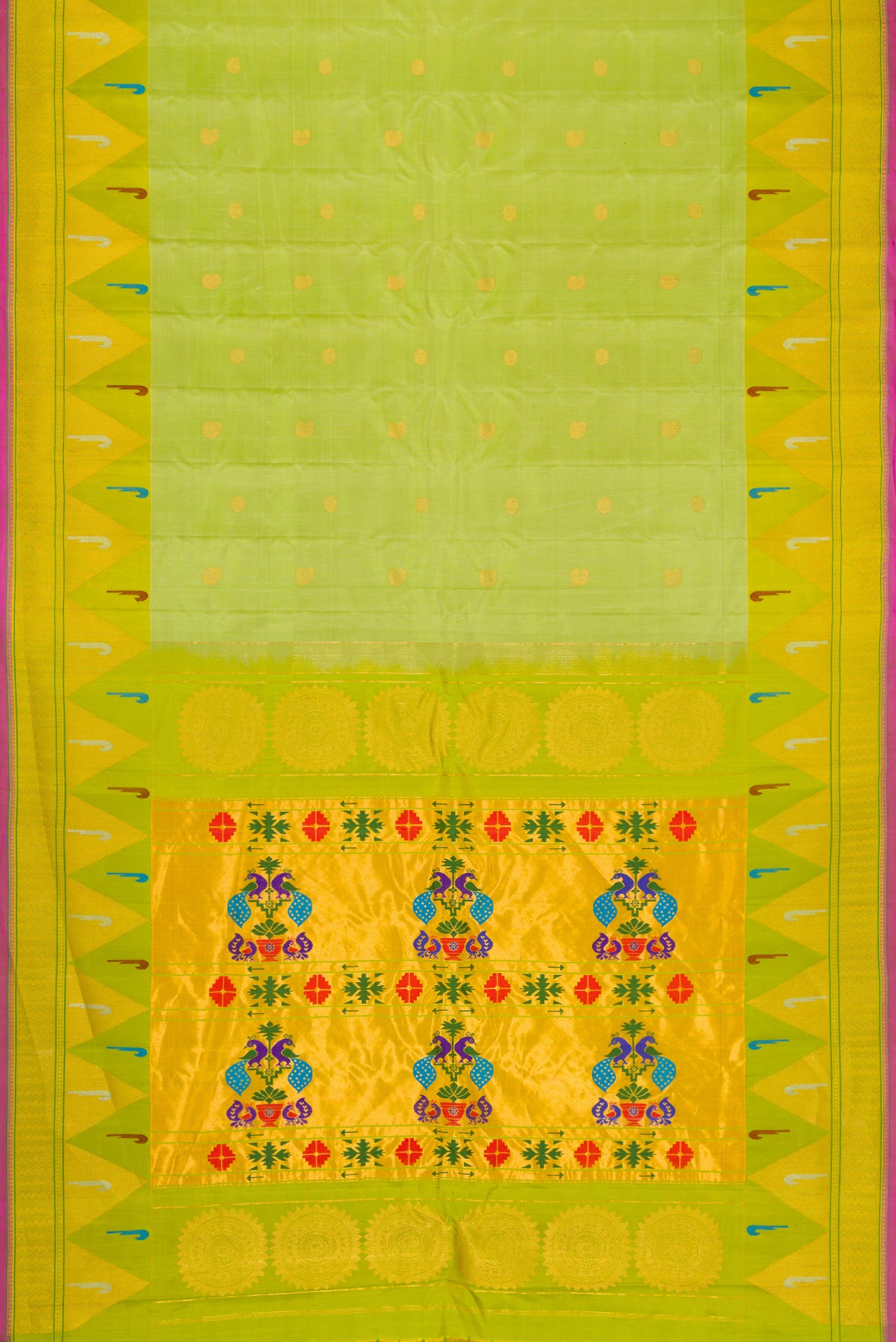 Flat view of Light Green Dual Tone Gadwal Silk Saree with Zari Butta on the body and Temple Border. 