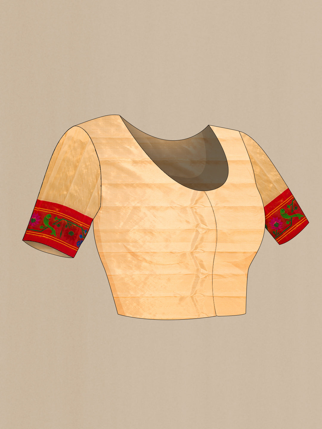 Close up image of the blouse of Gold Dual Tone Gadwal Silk Saree with Zari And Thread Butta on the body and Zari And Thread Border. 