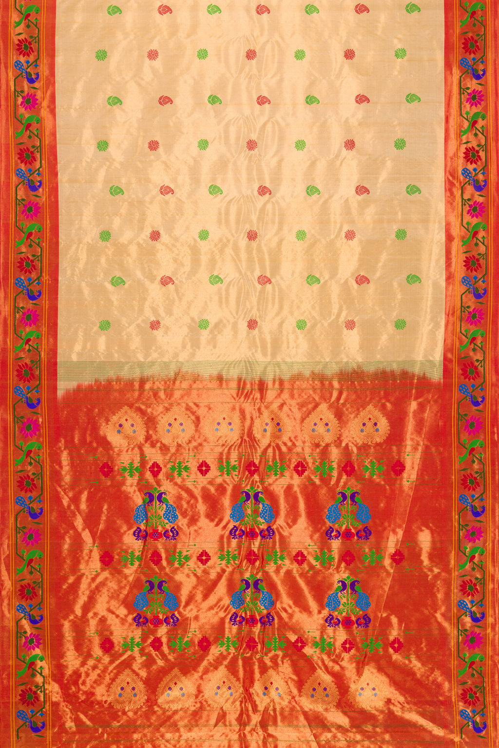Flat view of Gold Dual Tone Gadwal Silk Saree with Zari And Thread Butta on the body and Zari And Thread Border. 