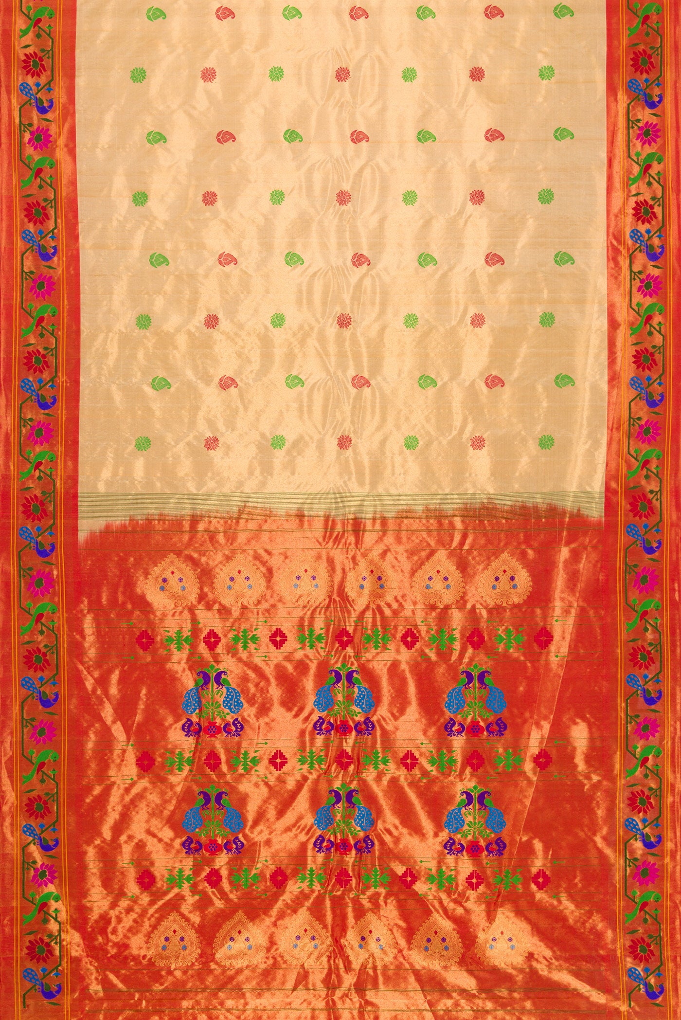 Flat view of Gold Dual Tone Gadwal Silk Saree with Zari And Thread Butta on the body and Zari And Thread Border. 