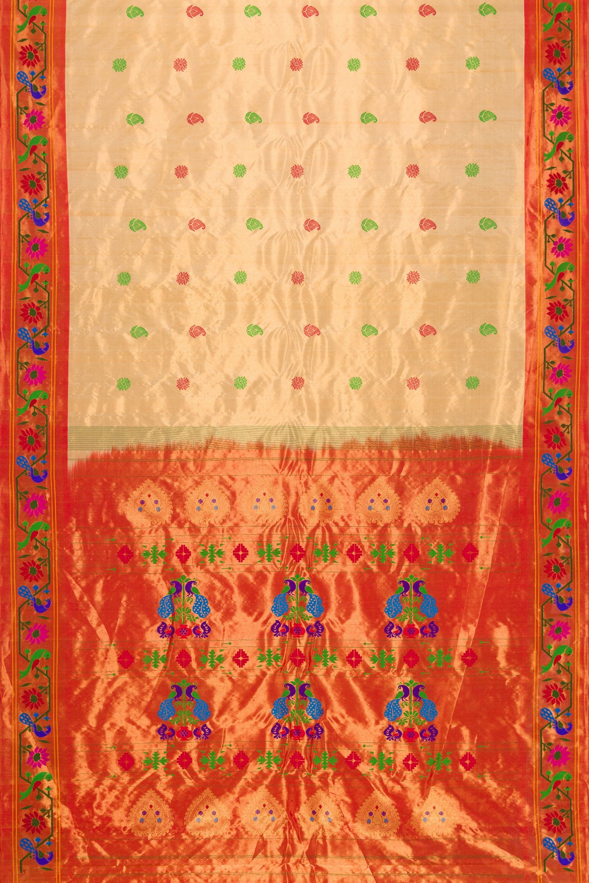 Flat view of Gold Dual Tone Gadwal Silk Saree with Zari And Thread Butta on the body and Zari And Thread Border. 