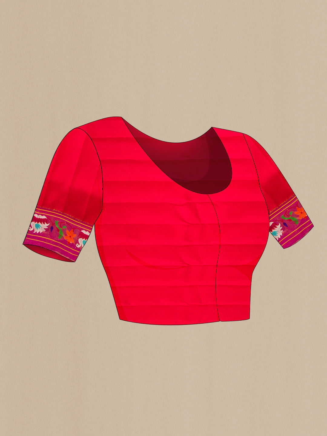 Close up image of the blouse of Red Dual Tone Gadwal Silk Saree with Zari Butta on the body and Zari And Thread Border. 