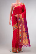 Red Dual Tone Gadwal Silk Saree with Zari Butta on the body and Zari And Thread Border.  displayed on a mannequin