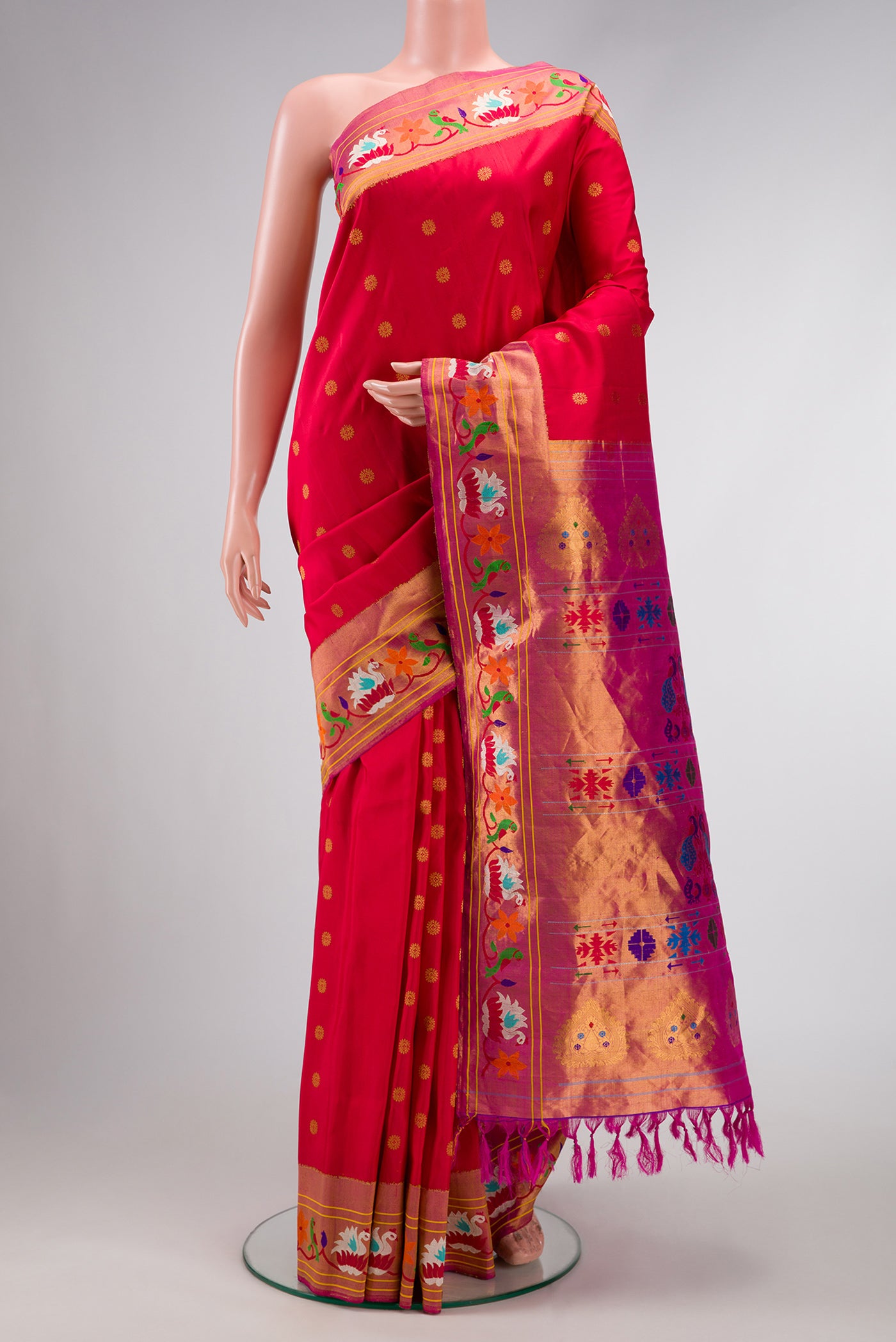 Red Dual Tone Gadwal Silk Saree with Zari Butta on the body and Zari And Thread Border.  displayed on a mannequin