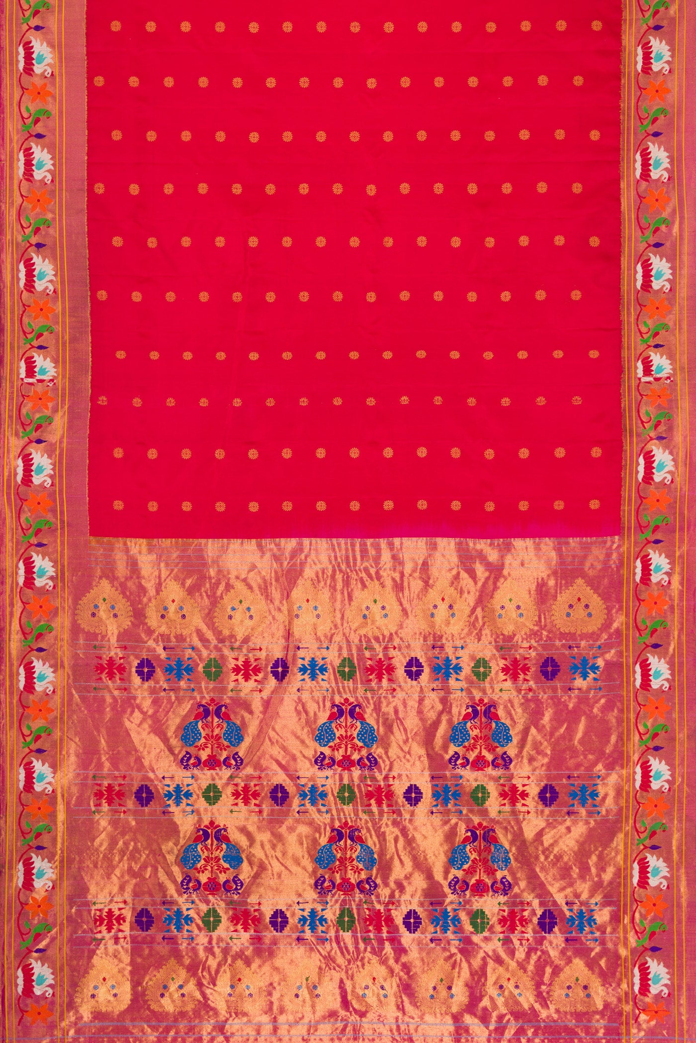 Flat view of Red Dual Tone Gadwal Silk Saree with Zari Butta on the body and Zari And Thread Border. 