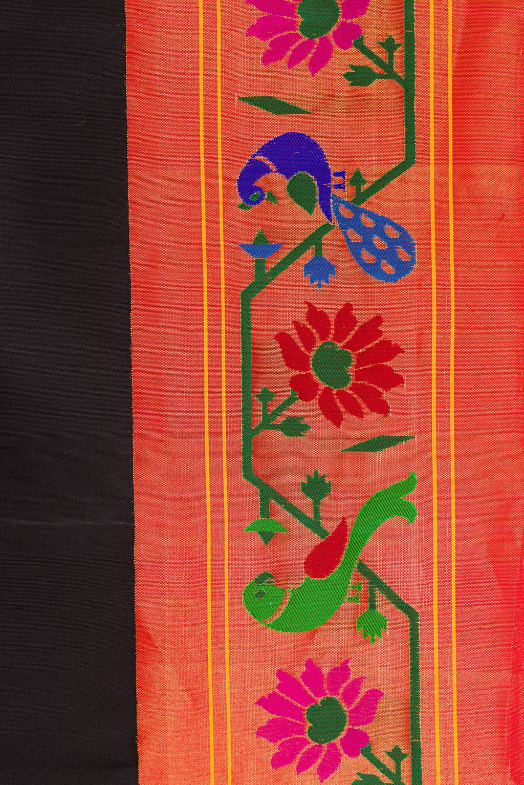Border image of Black Dual Tone Gadwal Silk Saree with Zari Butta on the body and Paithani Border. 
