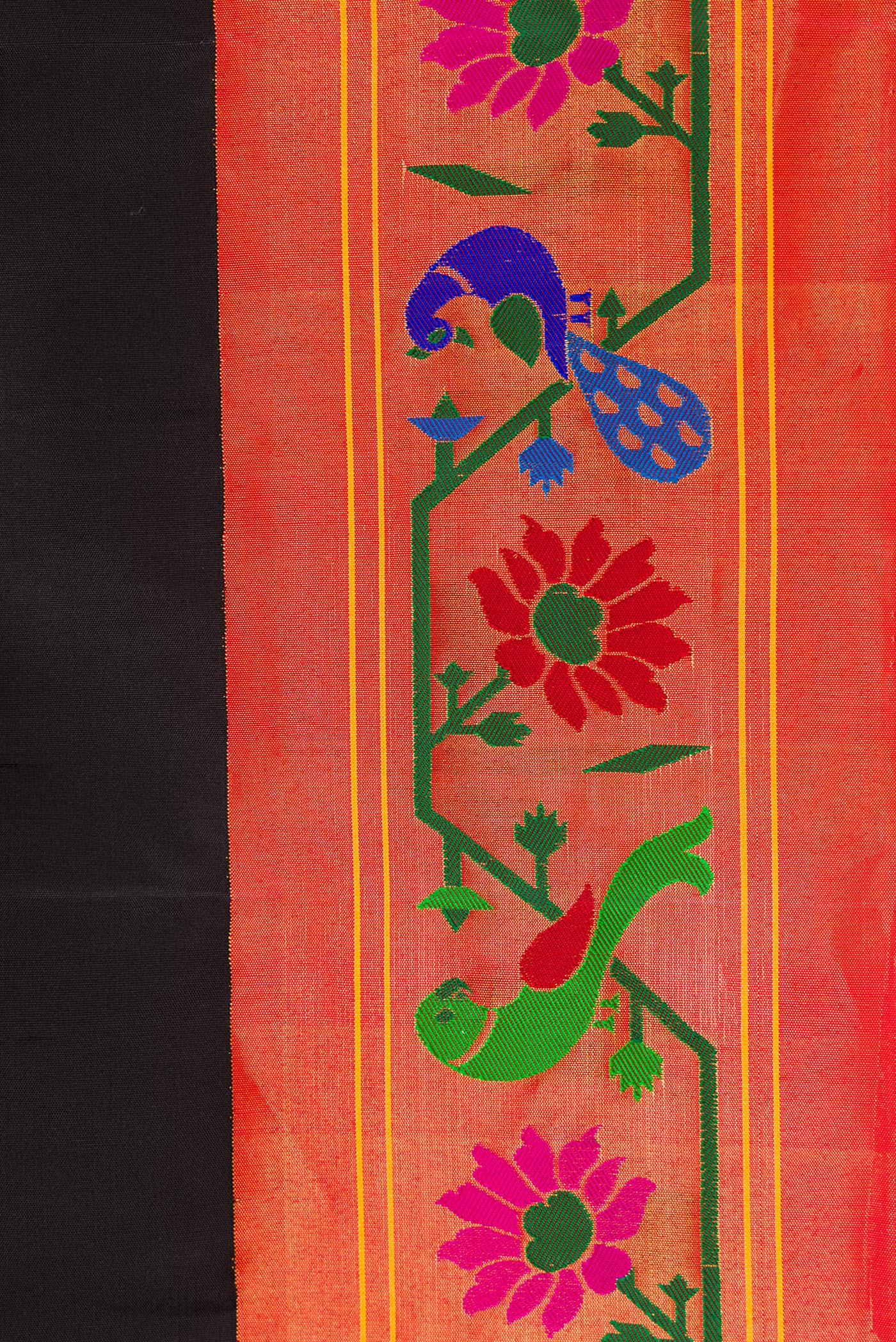 Border image of Black Dual Tone Gadwal Silk Saree with Zari Butta on the body and Paithani Border. 