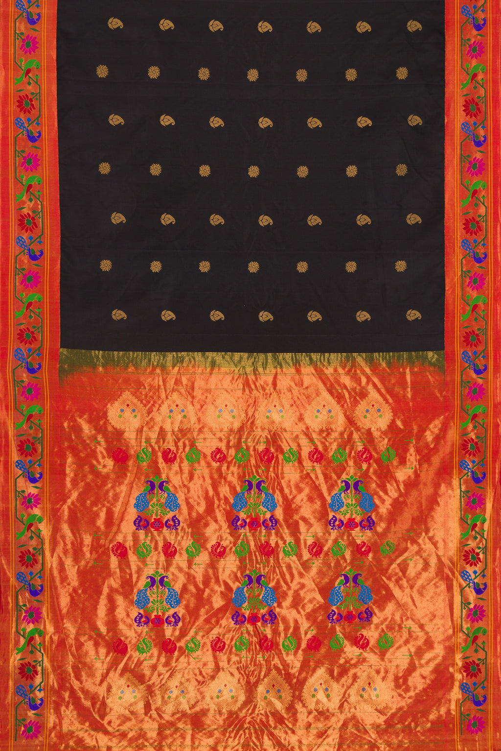 Flat view of Black Dual Tone Gadwal Silk Saree with Zari Butta on the body and Paithani Border. 
