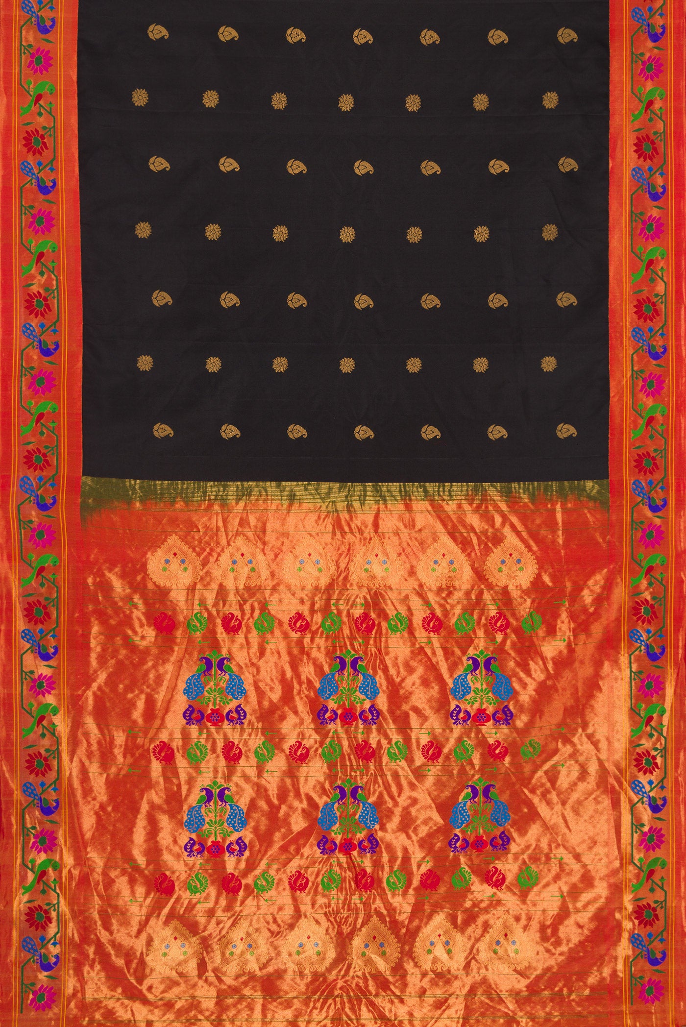 Flat view of Black Dual Tone Gadwal Silk Saree with Zari Butta on the body and Paithani Border. 