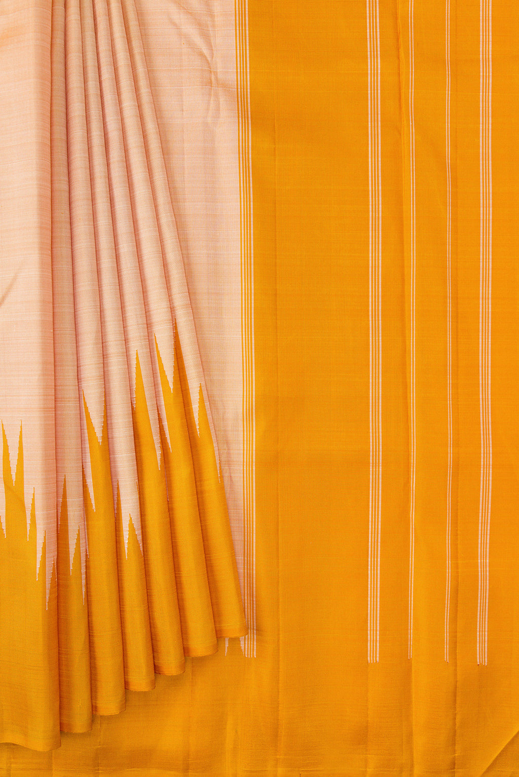 Pleats and pallu of Sandal Dual Tone Kanjivaram Silk Saree with Plain Body and Temple Border. 