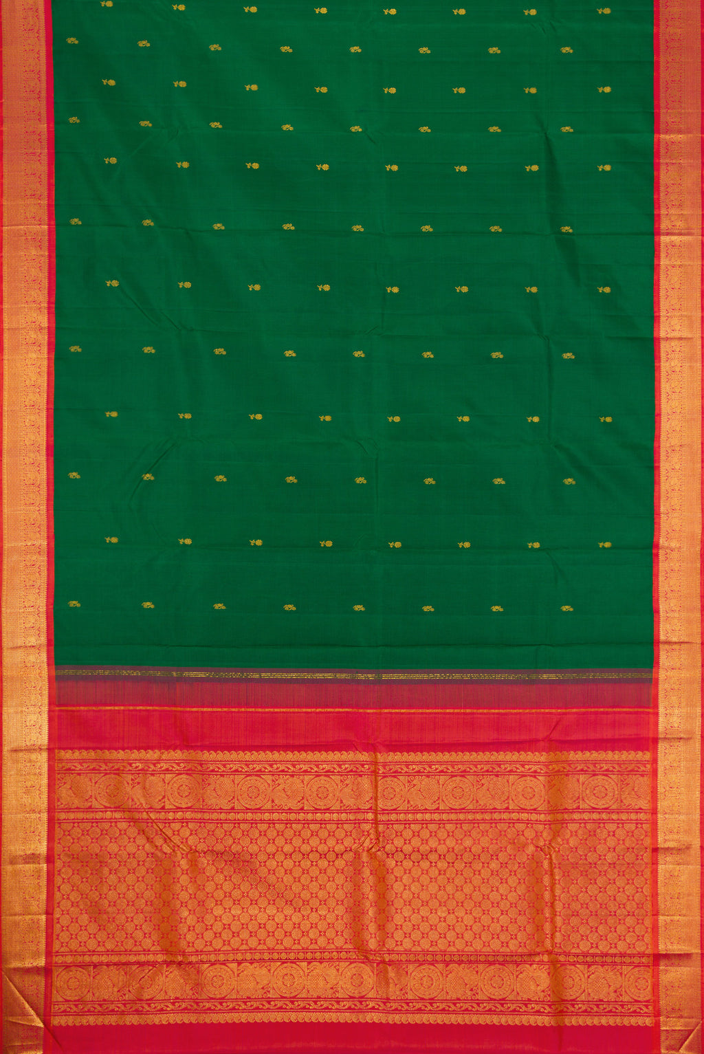 Flat view of Green Dual Tone Kanjivaram Silk Saree with Zari Butta on the body and Zari Border. 