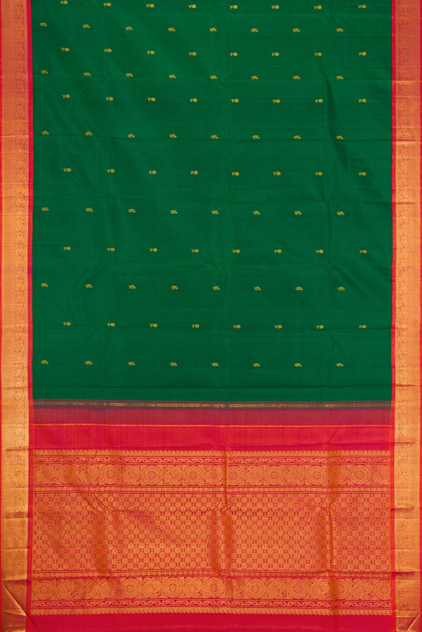 Flat view of Green Dual Tone Kanjivaram Silk Saree with Zari Butta on the body and Zari Border. 
