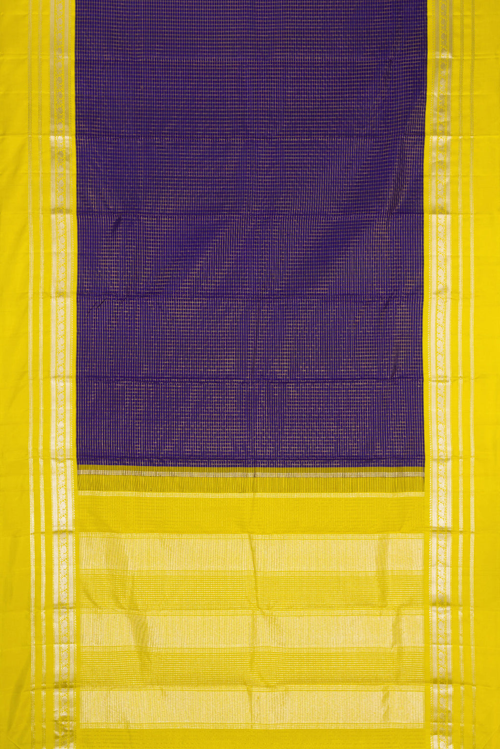 Flat view of Violet Dual Tone Kanjivaram Silk Saree with Stripes on the body and Zari Border. 