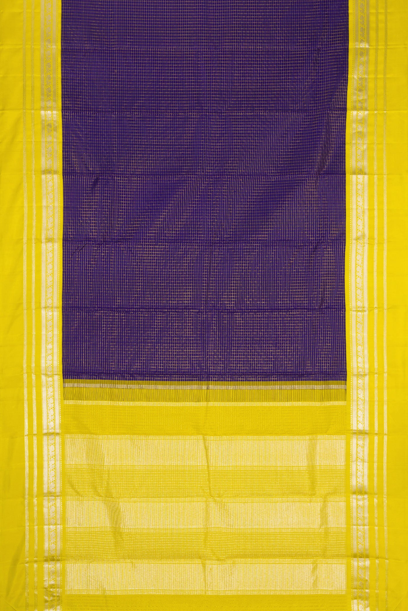Flat view of Violet Dual Tone Kanjivaram Silk Saree with Stripes on the body and Zari Border. 