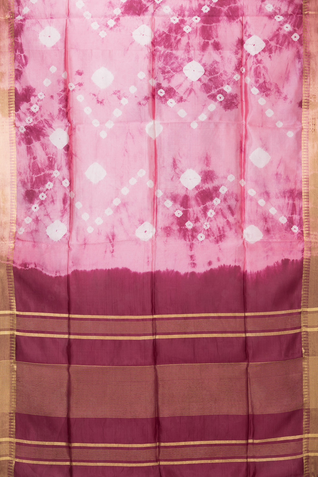 Flat view of Pink Blended Tussar Silk Saree with Printed design on the body and Zari Border. 