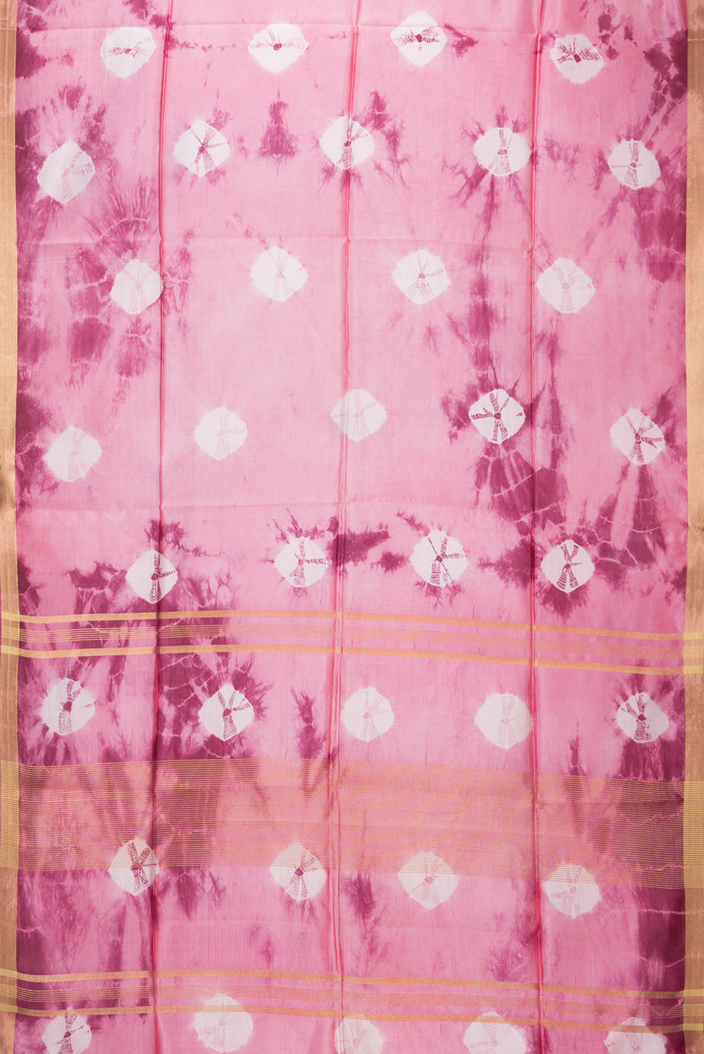 Flat view of Rose pink Dual Tone Blended Tussar Silk Saree with Printed design on the body and Zari Border. 