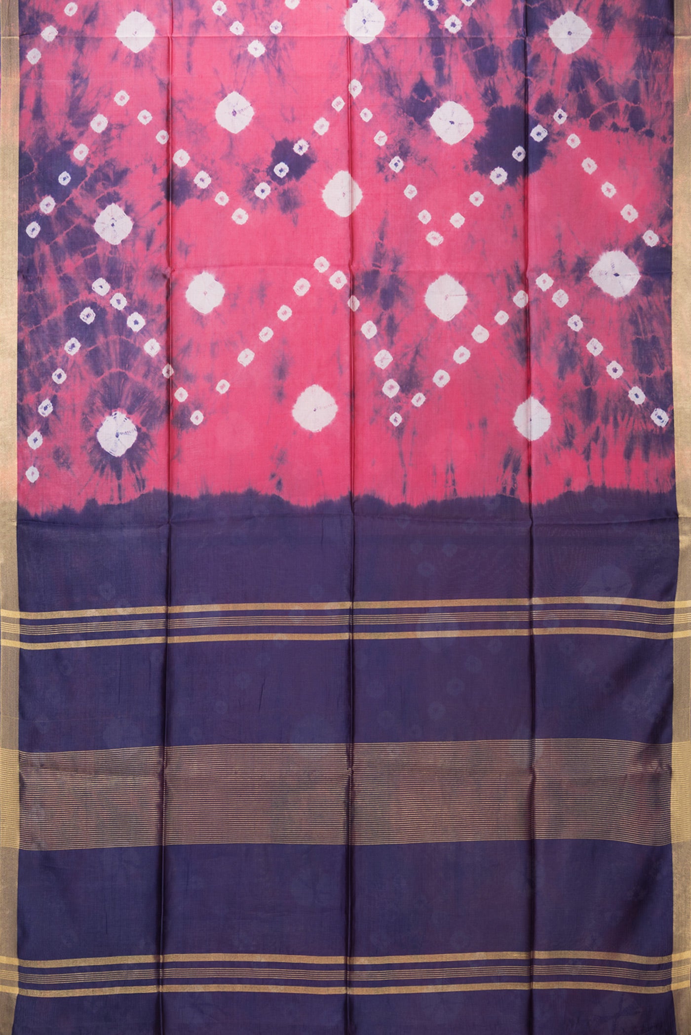 Flat view of Coral Blended Tussar Silk Saree with Bandhani Print on the body and Zari Border. 