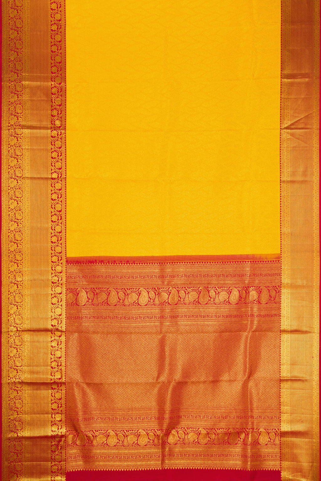 Flat view of Yellow Dual Tone Kanchipuram Silk Saree with Zari Brocade on the body and Zari Border. 
